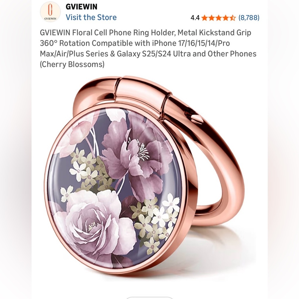 3/$15 NWOT Floral Stick-On Cell Phone Ring Holder with Rose Gold Metal